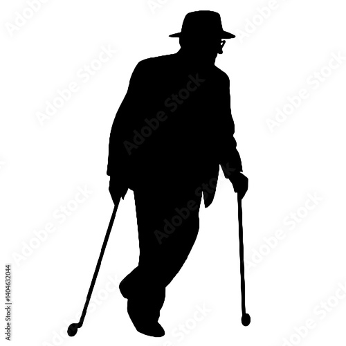 杖を持った老人のシルエット、全身黒色のみ