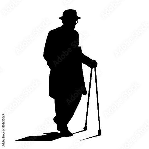 杖を持った老人のシルエット、全身黒色のみ