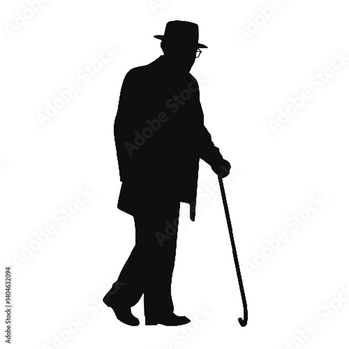 杖を持った老人のシルエット、全身黒色のみ