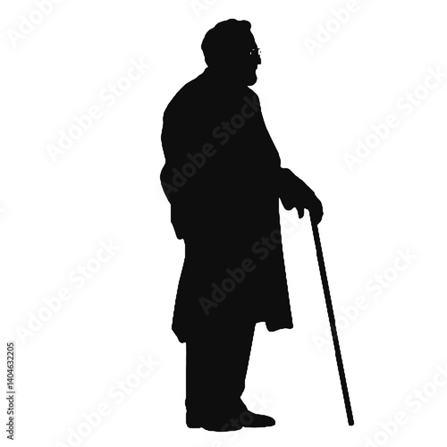 杖を持った老人のシルエット、全身黒色のみ