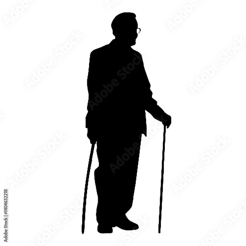 杖を持った老人のシルエット、全身黒色のみ