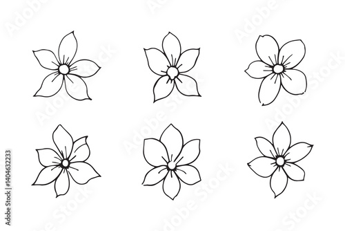 Set of 6 pec in two row  Lobelia black line art on white background