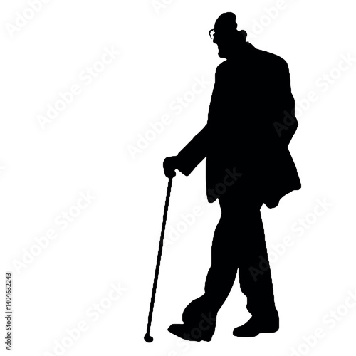 杖を持った老人のシルエット、全身黒色のみ