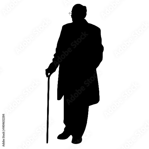 杖を持った老人のシルエット、全身黒色のみ