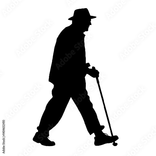杖を持った老人のシルエット、全身黒色のみ