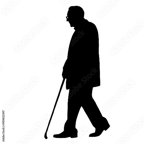杖を持った老人のシルエット、全身黒色のみ