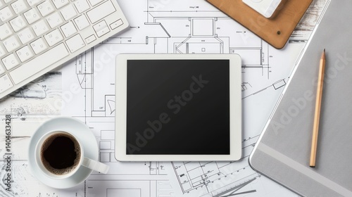 Wallpaper Mural Architect's Workspace with Tablet and Blueprint Torontodigital.ca