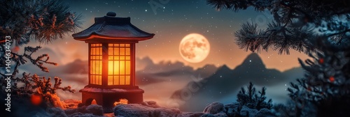 Creative lantern glowing with a view of moonlit mountains and pine woods at night