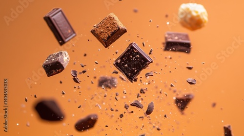 Various pieces of chocolate in mid-air against an orange background