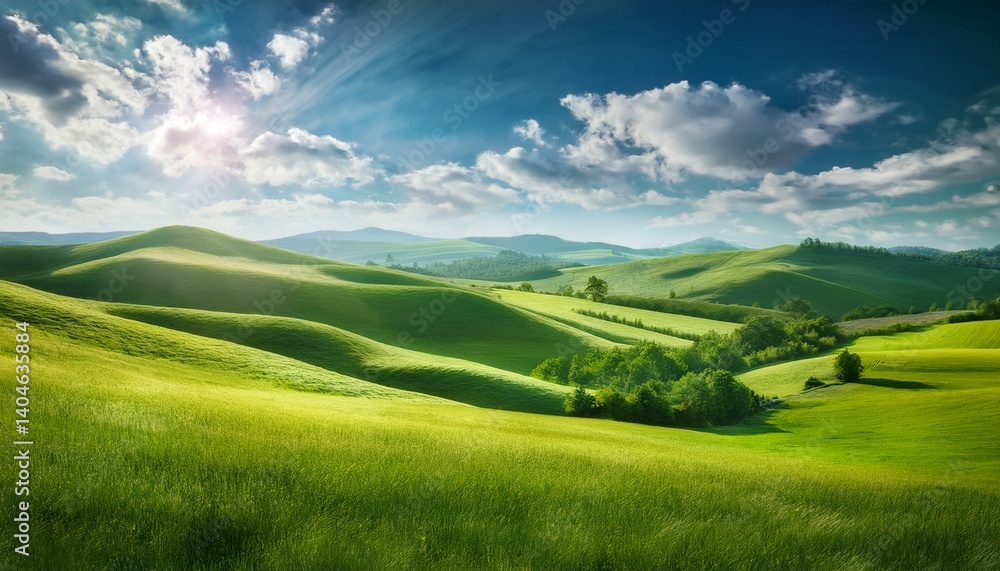 Fototapeta premium 青空の下に広がる緑の丘と牧草地、ふんわりとした雲と明るい自然光。