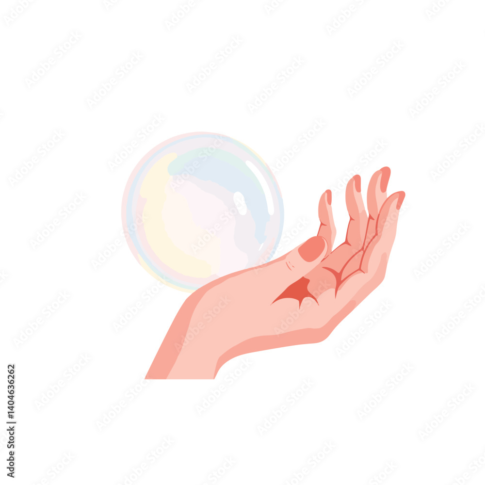 Graceful hand releasing iridescent soap bubble, whimsy and care Graceful hand releasing iridescent soap bubble, whimsy and care