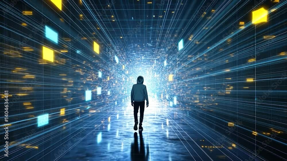 Person walking through digital tunnel Person walking through digital tunnel
