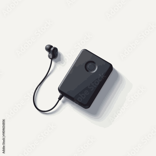 Modern portable audio guide with earphones on white surface, functionality