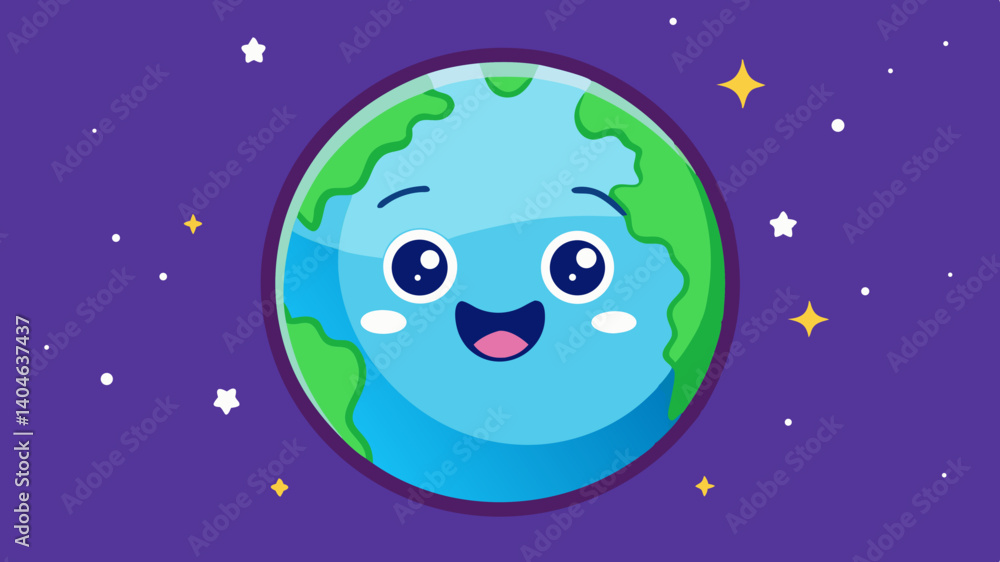 Naklejka premium Happy Earth Day A cheerful cartoon Earth smiles against a purple space background with stars