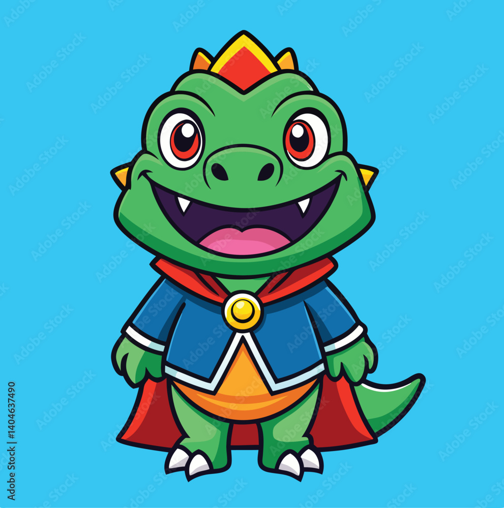 Obraz premium Cartoon Character Mascot Of Happy Green Dinosaur King On Light Blue Background