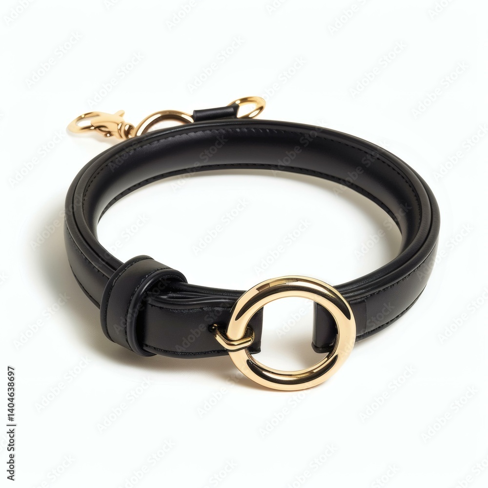 Elegant Black Vegan Leather Pet Collar with Gold Circle Buckle and Clip on a Clean White Background