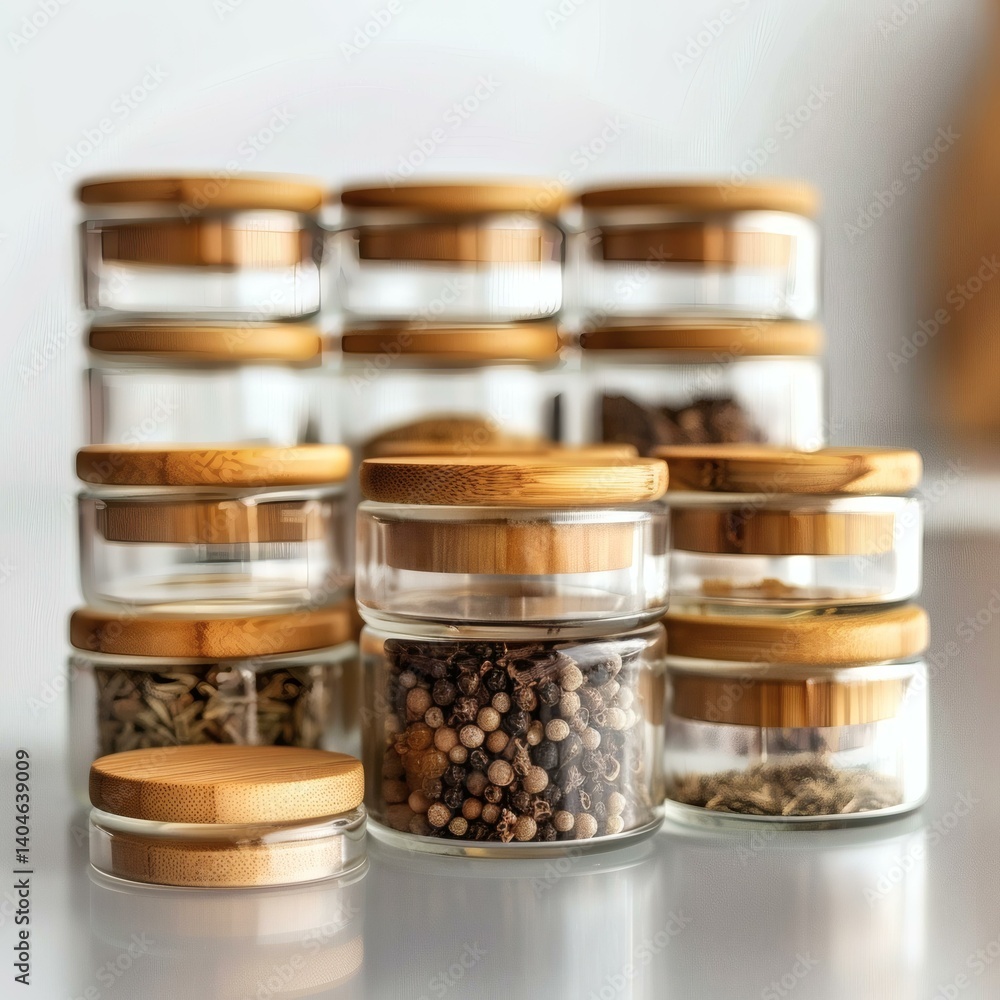 Stacked spice jars with bamboo lids filled with various seasonings, creating a minimalist, organized kitchen display Stacked spice jars with bamboo lids filled with various seasonings, creating a minimalist, organized kitchen display
