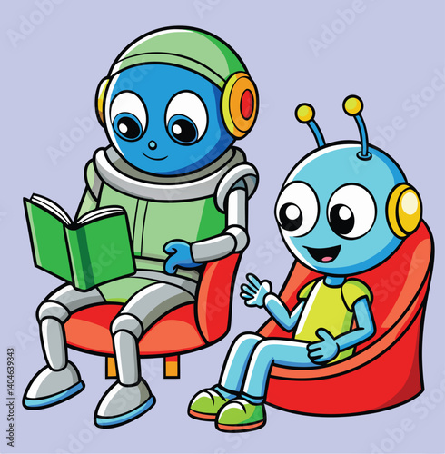 Cartoon Robots Relaxing Reading A Book And Sitting In Armchairs Illustration