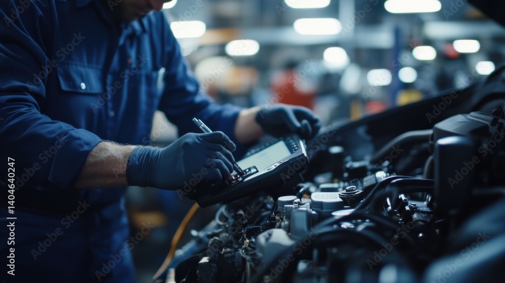 Mechanic diagnosing car engine problems with scanner. Featuring expertise and technology Mechanic diagnosing car engine problems with scanner. Featuring expertise and technology