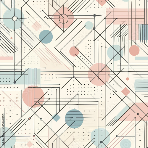 Seamless geometric pattern with intersecting lines and dots, pastel colors