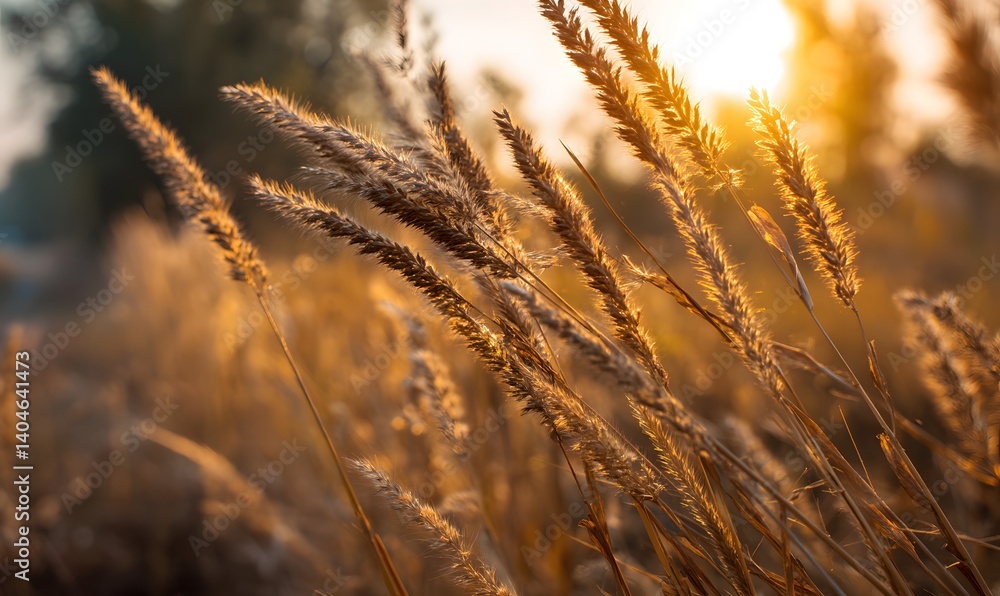 Fototapeta premium Golden Wheat Field Sunset Warm Light Nature Background Autumn Season Rural Landscape Photography Golden Hour Sunbeams Meadow Grass