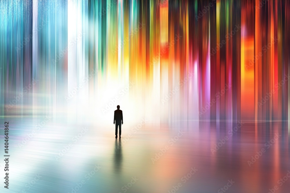 Mysterious figure stands before vibrant, abstract light display, Mysterious figure stands before vibrant, abstract light display,