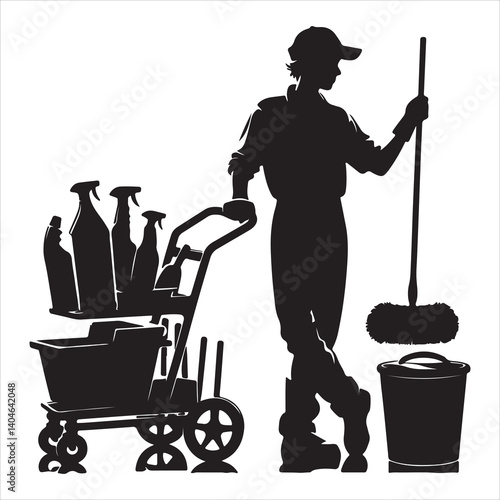 Maintenance Worker Holding Mop – Commercial Cleaning Symbol Art & Illustration