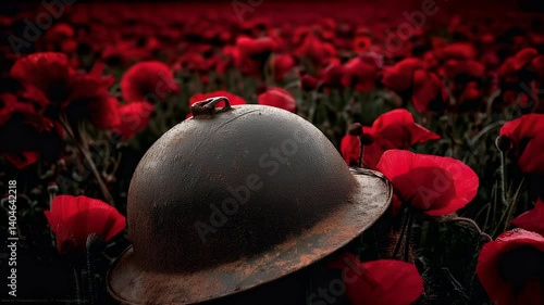 Field of vibrant red blooms surrounding an old military helmet evokes remembrance and solemn reflection