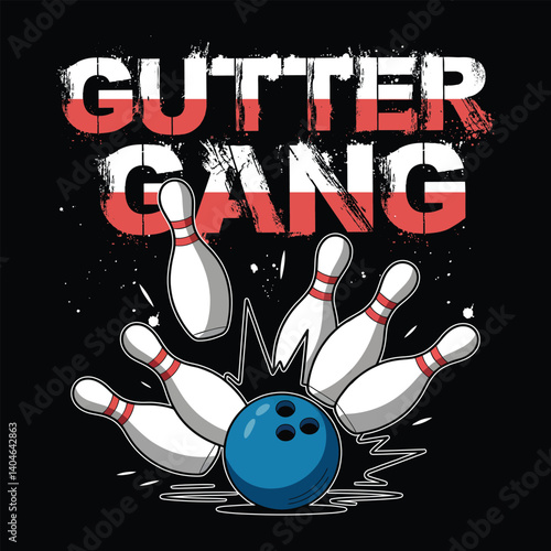 Bold and playful "Gutter Gang" bowling t-shirt design featuring retro typography and bowling pins and ball, perfect for team apparel or bowling enthusiasts.