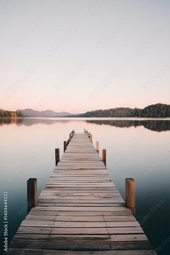 Wooden Dock Extending into Calm Lake at Sunset Wooden Dock Extending into Calm Lake at Sunset