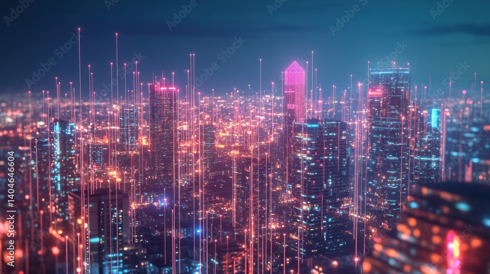 Fototapeta premium Cyber Cityscape: A Digital Metropolis at Night