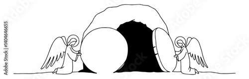 two angels at jesus tomb monoline vector artwork