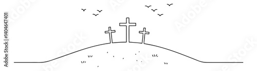 three crosses on hill with birds monochrome line drawing