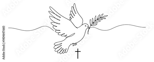 dove with branch and cross monochromatic line art design