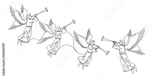 angels blowing trumpets in the sky monochromatic continuous-line art piece