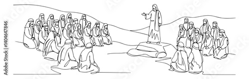 jesus teaching a crowd monochromatic continuous-line art piece