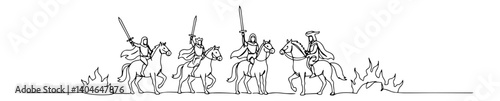 four horsemen of the apocalypse from the bible monochromatic continuous-line art piece