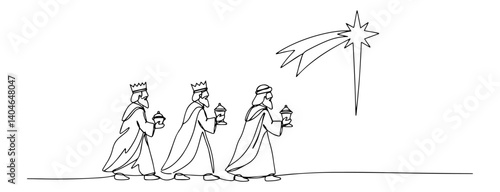 three wise men following the star monochrome line drawing
