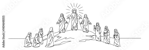 Bild auf Leinwand resurrected jesus with disciples and rays monochrome line drawing