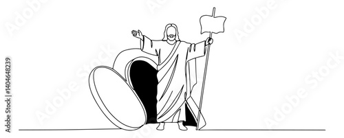 jesus with commandments and empty tomb monochromatic line drawing with a clean aesthetic