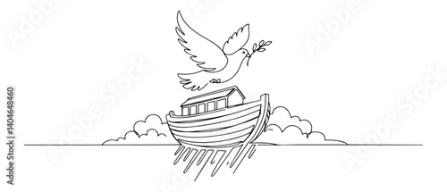 noah’s ark with dove and olive branch monochromatic line art
