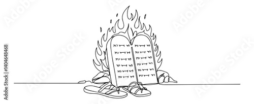 ten commandments in burning bush monochromatic line art