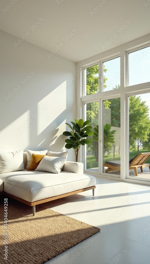 Bright minimalist living space, large windows, sun streaming in, living room, serene Bright minimalist living space, large windows, sun streaming in, living room, serene