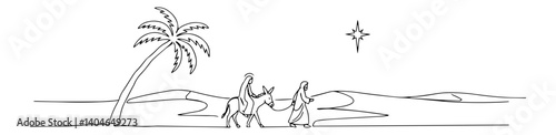joseph walking through desert with pregnant mary on donkey to Bethlehem modern one line vector drawing of abstract linear sketch