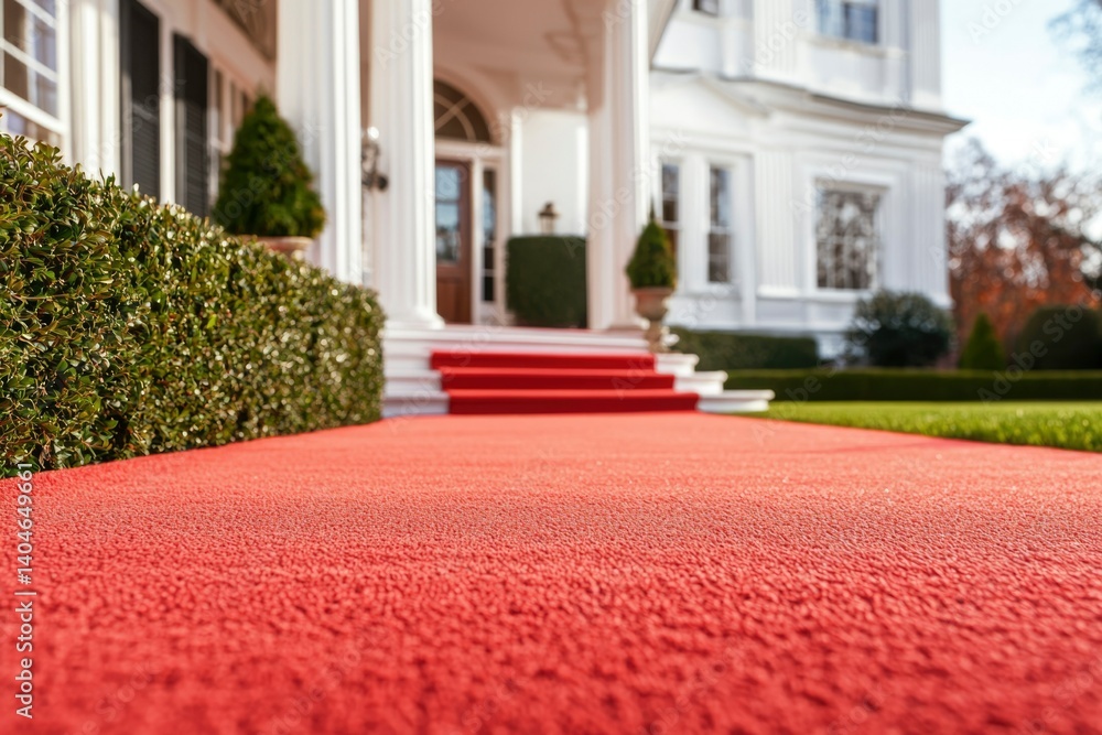 Fototapeta premium Red carpet entry to grand white manor, with shrubs, clear day for luxury events
