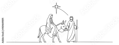 joseph leading pregnant mary on donkey modern line drawing, one line in linear vector style