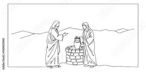 jesus speaking to woman at the well modern artistic expression through a single unbroken line in a vector illustration