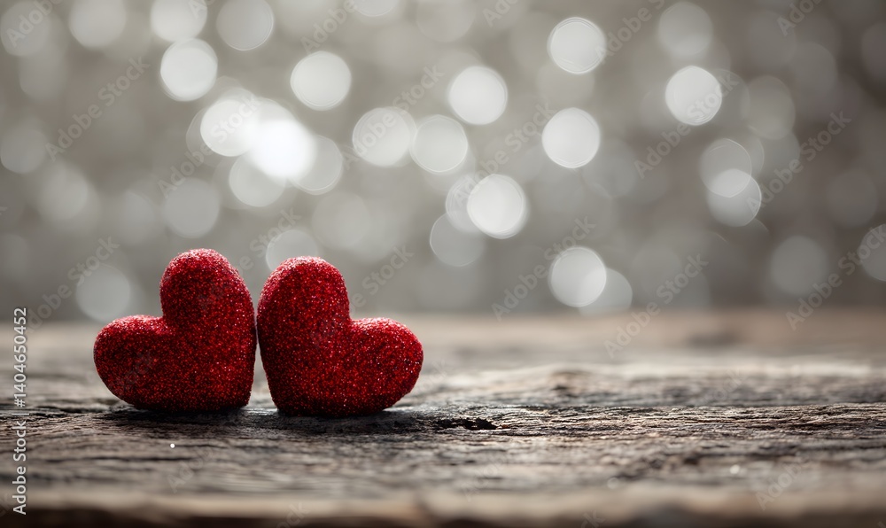 Obraz premium Romantic Red Glitter Hearts Wooden Background Valentines Day Love Festive Decoration Shiny Sparkling Beautiful Cozy Tender Affectionate Passionate 