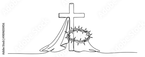 cross with crown of thorns and cloth minimalist vector lineart