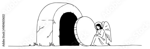 open tomb with angel sitting outside minimalist one-line illustration